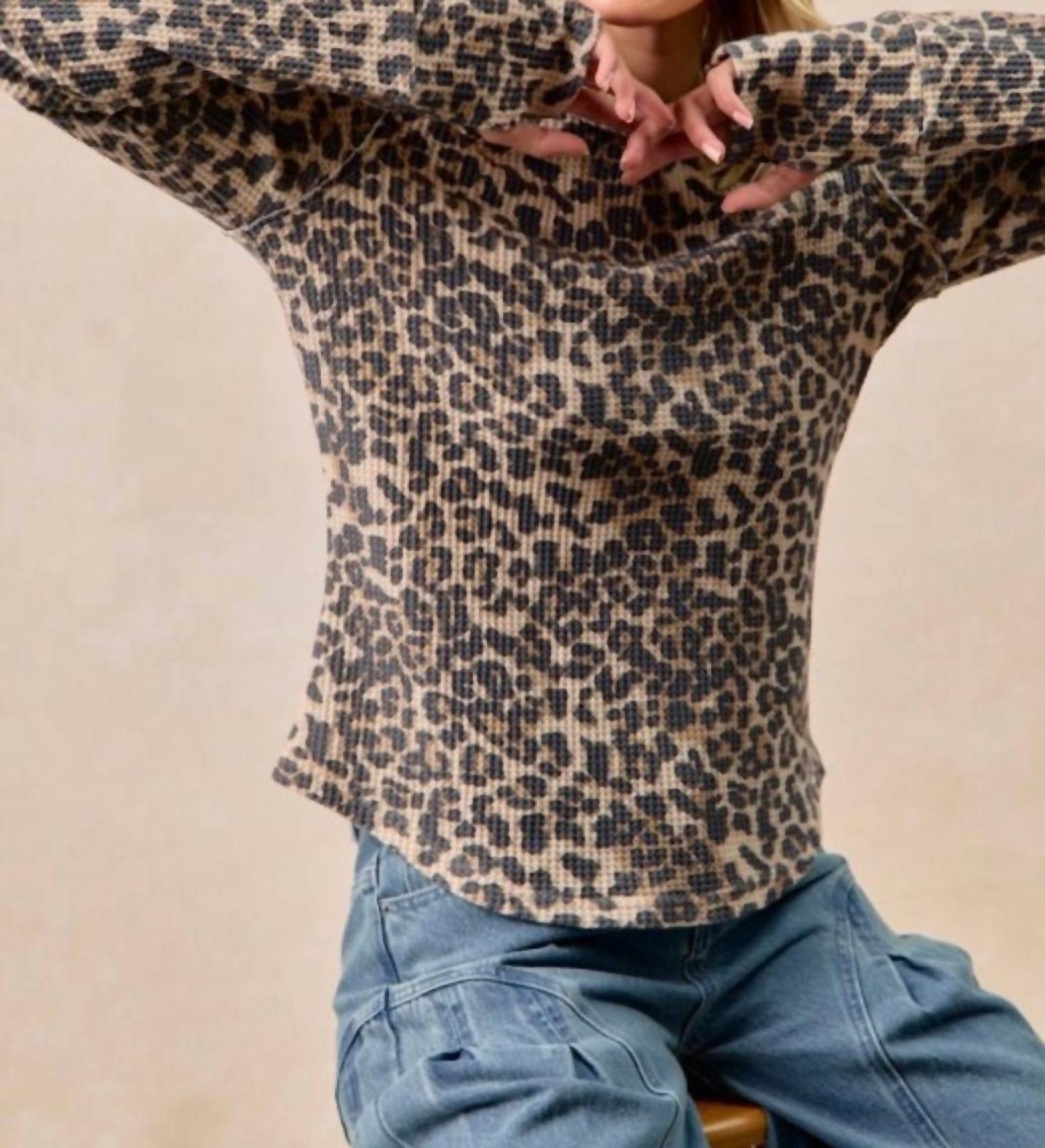 Bibi - Leopard Print Washed Waffle Thermal Top With Thumb Holes
