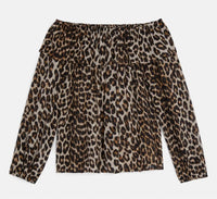 Suncoo Lola Leopard Print Off The Shoulder Blouse in beige and black - women's blouse - detail view