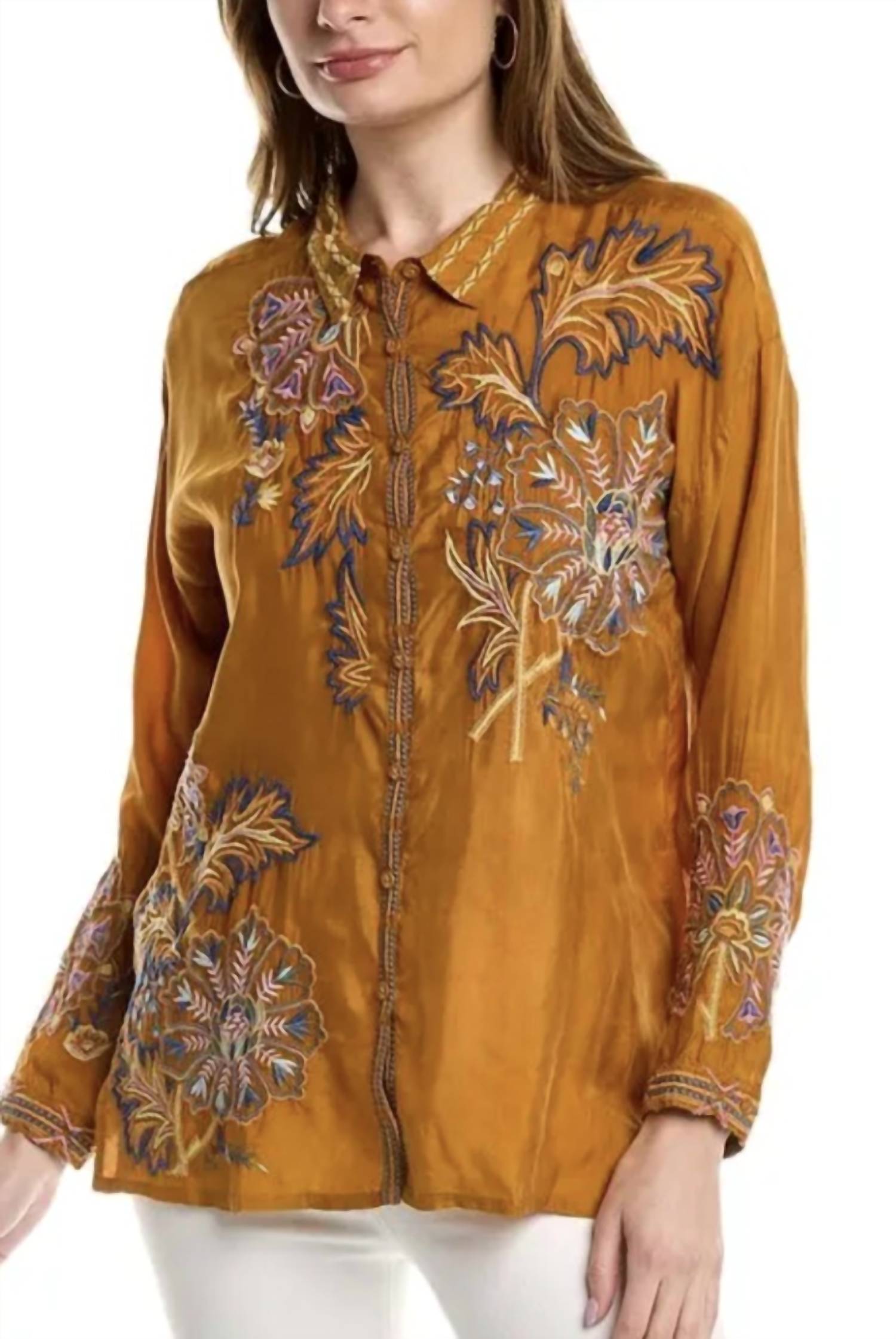 Johnny Was Serenity Button Down in rust - women's blouse