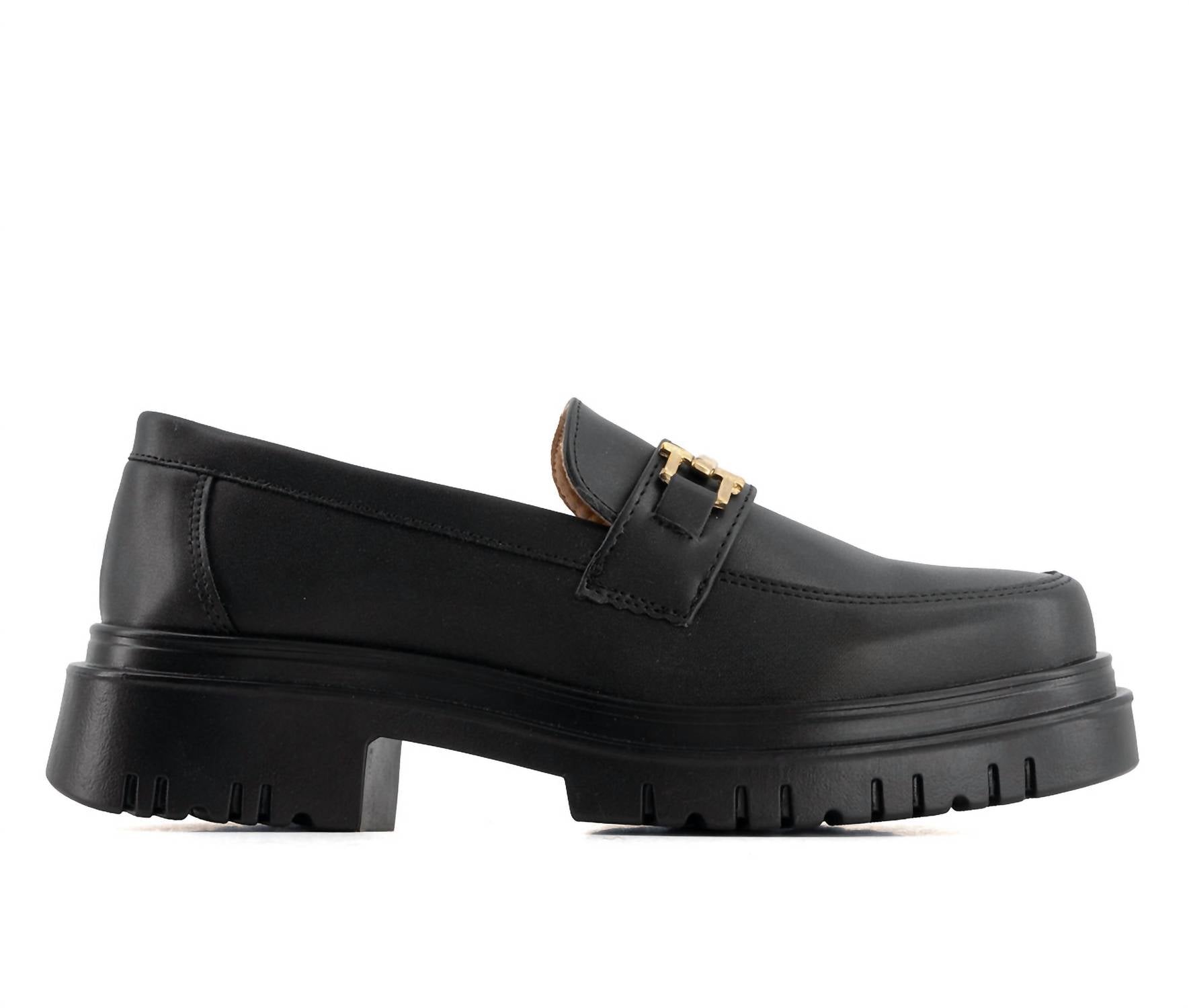 Andrea - Women's Black Penny Loafers With Golden Ornament