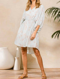 Ces Femme - V-neck Floral Elastic Waist Dress