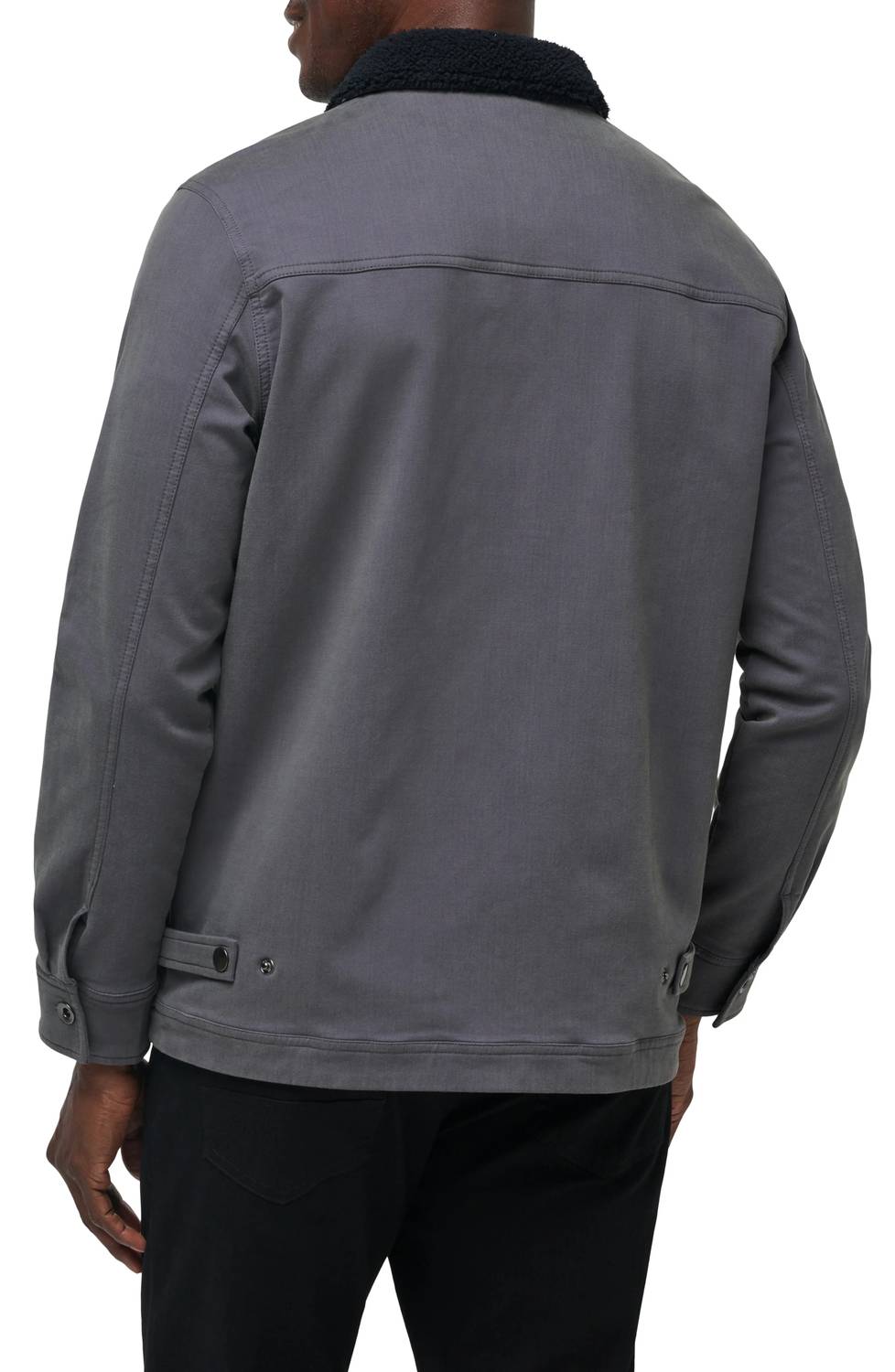 TravisMathew Cloud Denim Sherpa Jacket in grey pinstripe - men's jacket - detail view