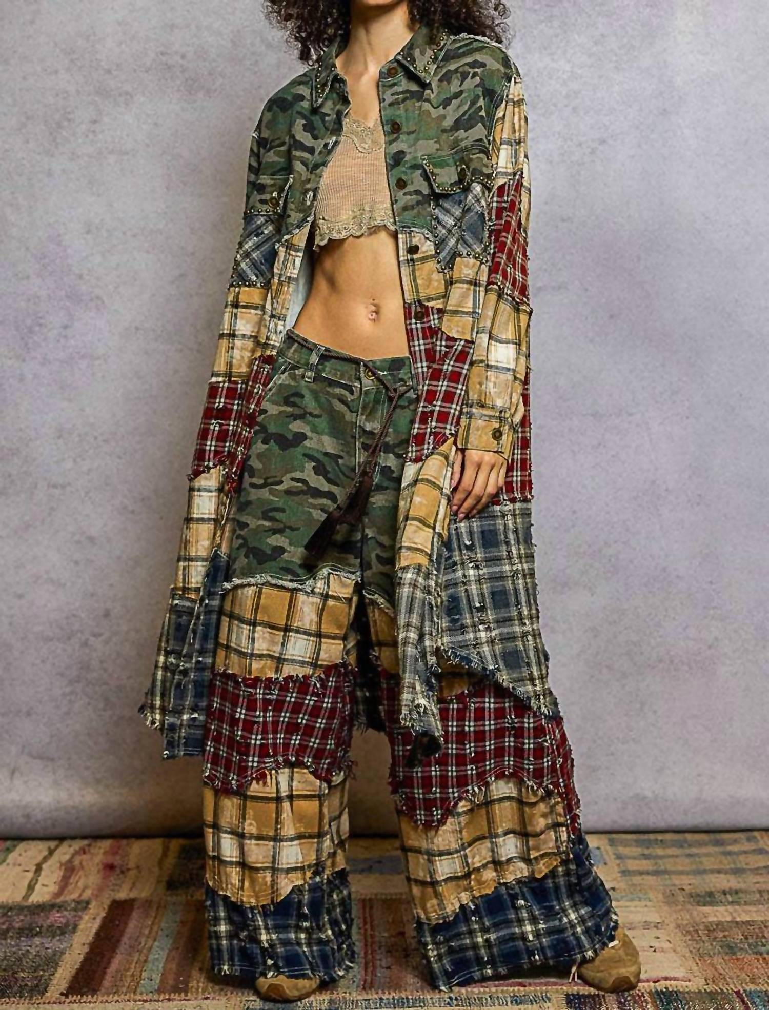 Pol - Plaid Woven Varied Patchwork Maxi Shirt Jacket