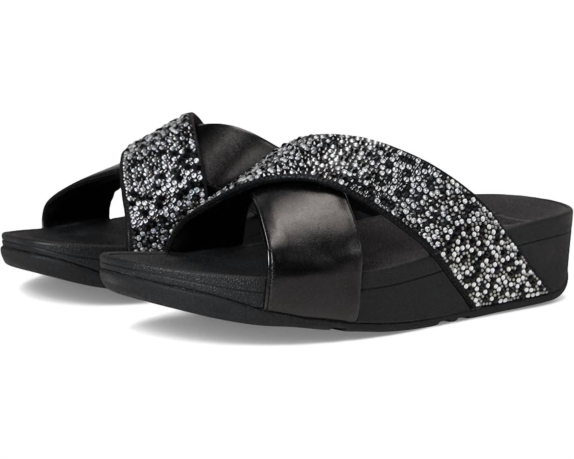 fitflop Women's Lulu Crystal Mix Metallic Cross Wedge Slides in all black - women's sandal - alternate view