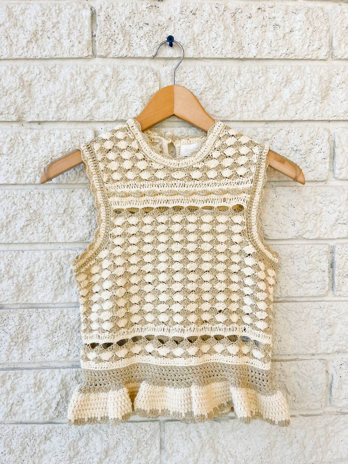Zimmermann Wanderlust Crochet Sleeveless Tank Top in metallic gold cream - women's tank top - detail view