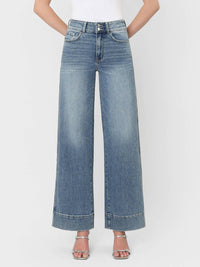FLYING MONKEY Super High Rise Half Yoke Trouser Hem Wide Leg Jeans in medium blue - women's jeans