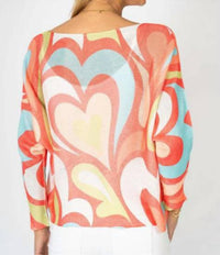 Look Mode Usa - Heart Print Open Weave Batwing Sweater