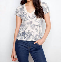 CHARLIE B Organic Cotton Drop Shoulder Short V-neck T-shirt in versailles - women's t-shirt