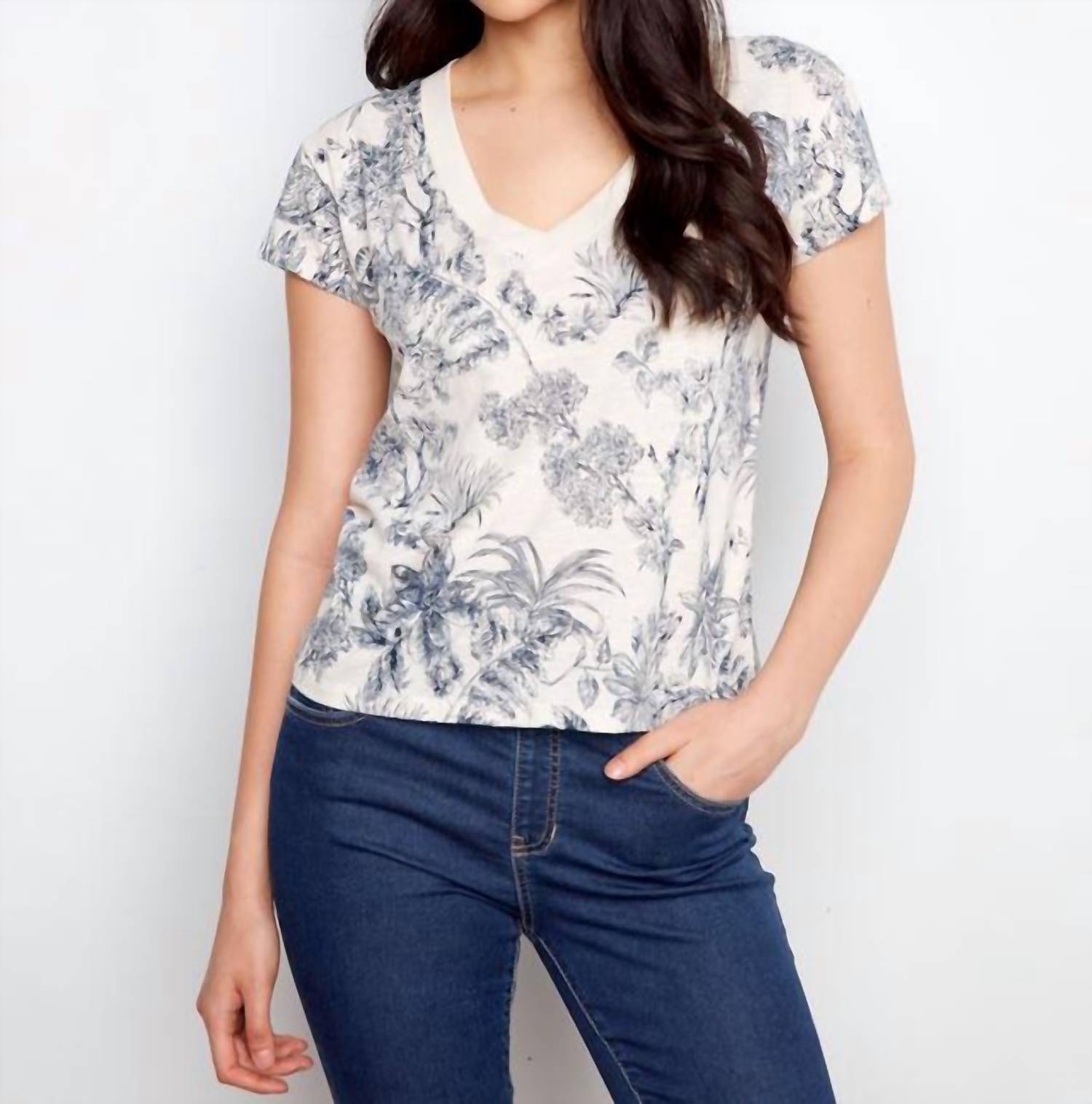 CHARLIE B Organic Cotton Drop Shoulder Short V-neck T-shirt in versailles - women's t-shirt