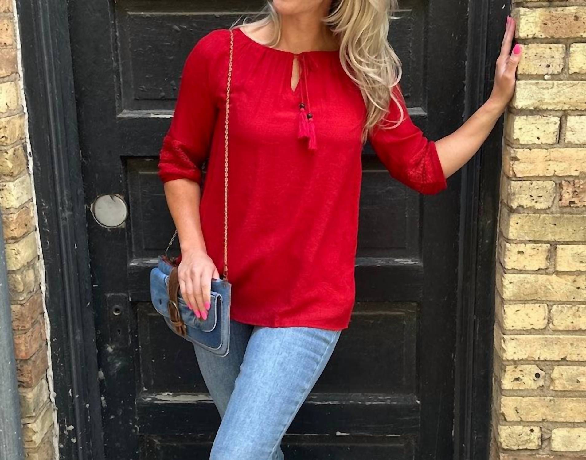 Papillon Tassel Tie Lace Inset Accent Blouse in red - women's blouse - detail view