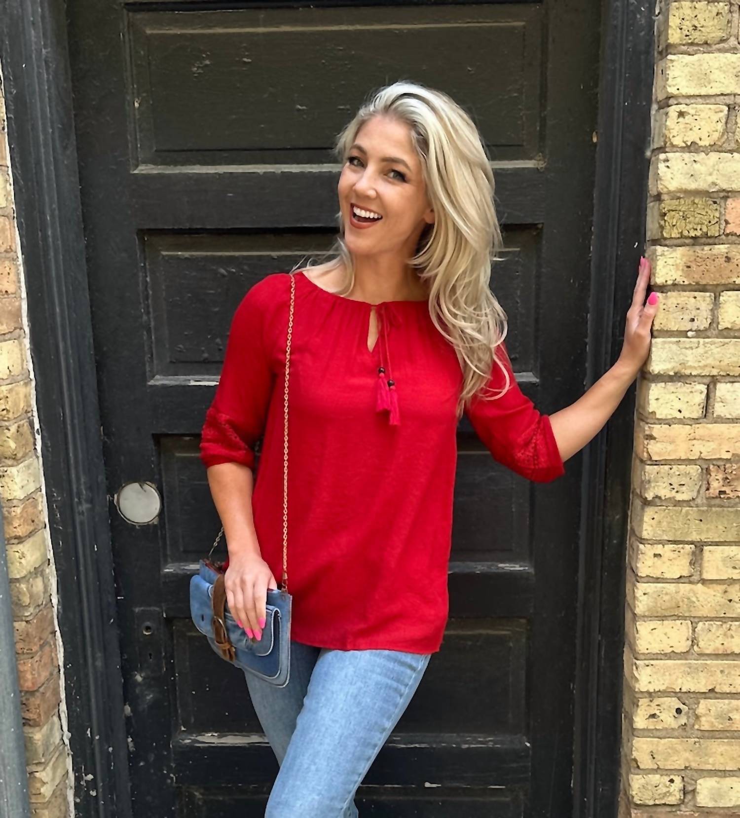 Papillon Tassel Tie Lace Inset Accent Blouse in red - women's blouse - alternate view