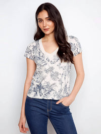 Charlie B - Printed Organic Cotton Drop Shoulder V-neck T-shirt