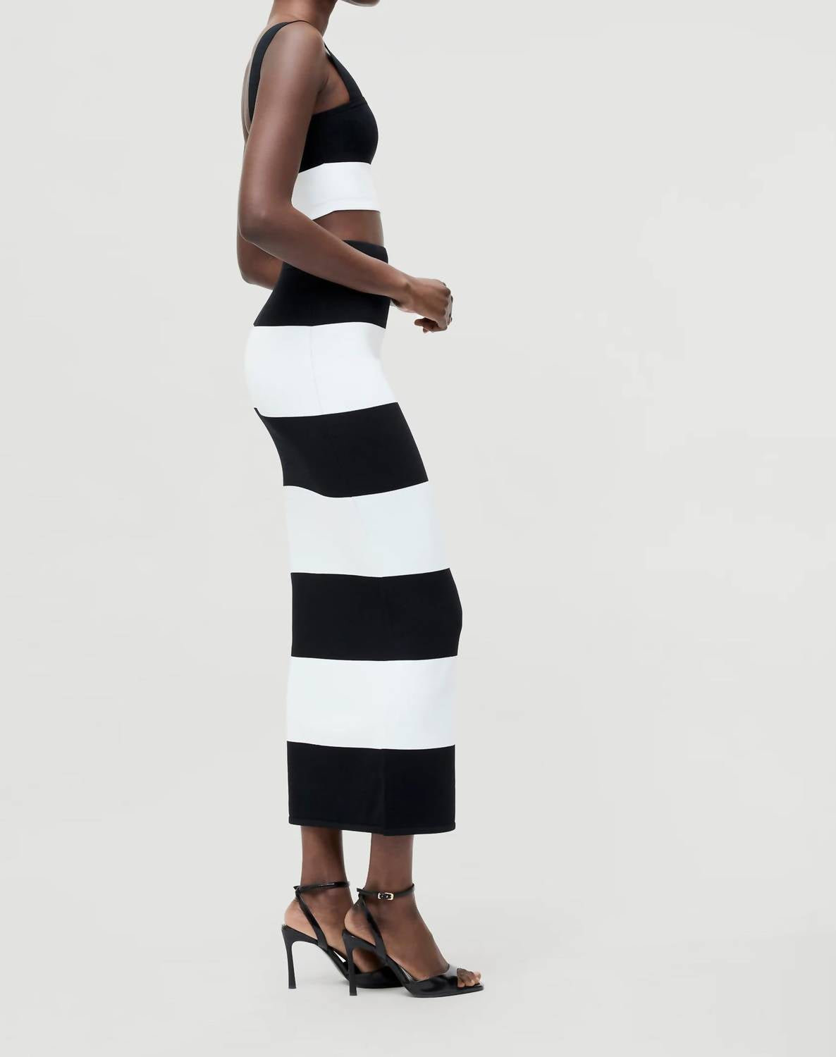 FRENCH CONNECTION Bodycon Knit Top in black summer white stripe - women's t-shirt - detail view