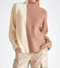 ELAN Turtle Neck Sweater in white beige color block - women's sweater