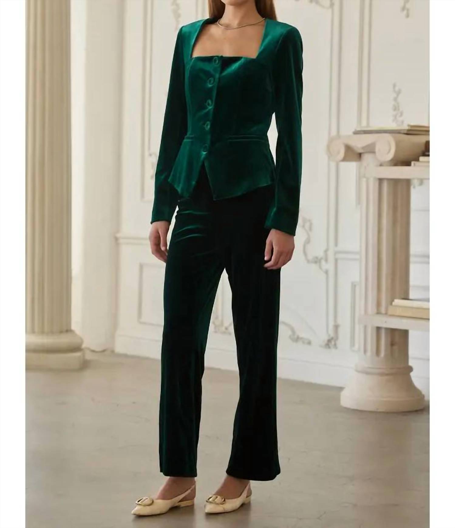 SKIES ARE BLUE Meet Me Under The Mistletoe Pant in hunter green - women's pants - detail view
