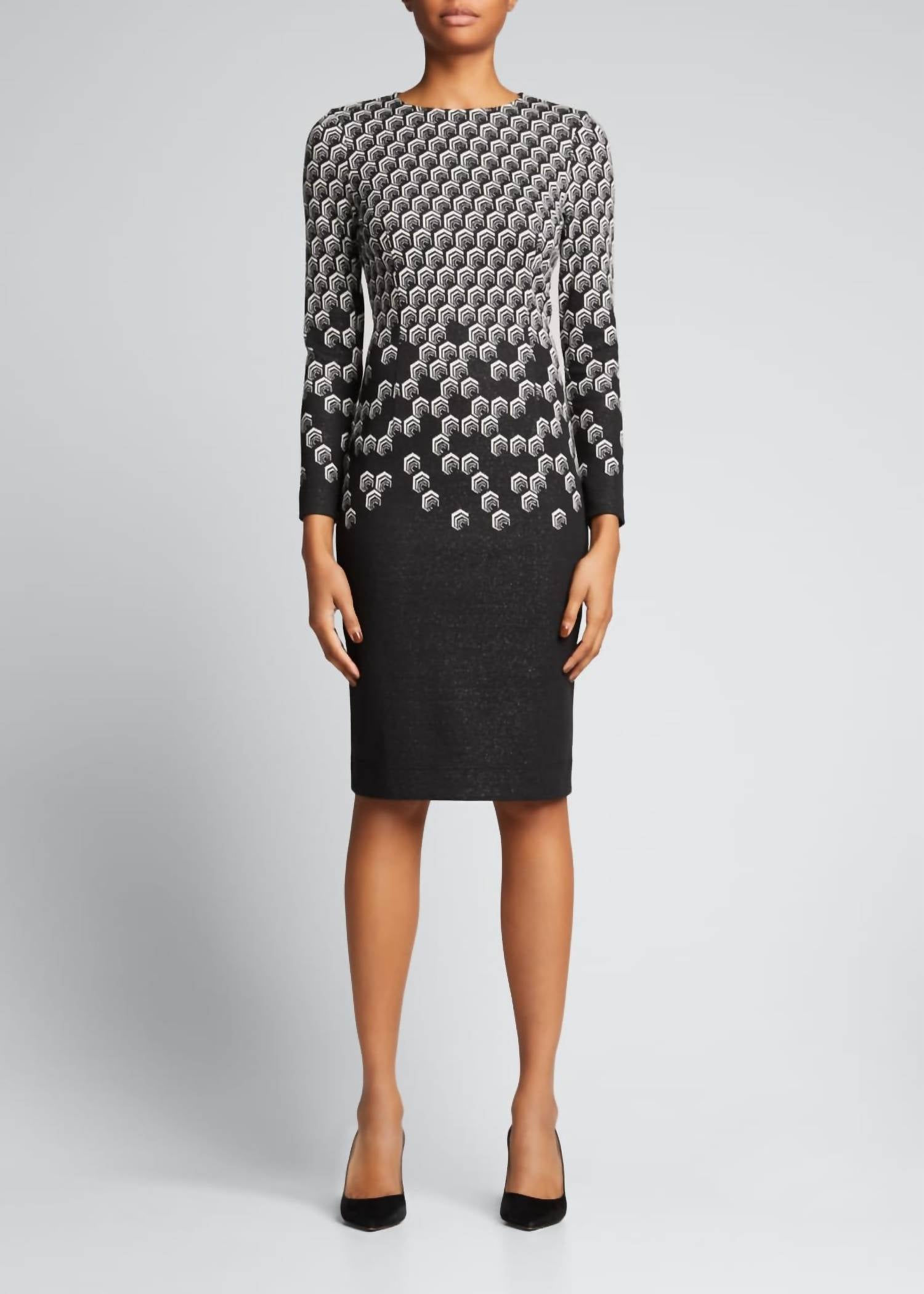 Teri Jon Geometric Metallic Shimmer Knit Dress in coal ivory - women's dress