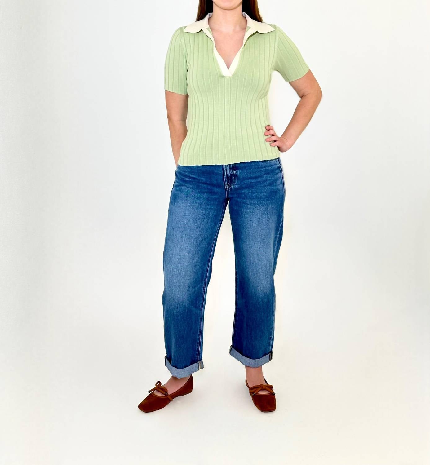 LUCY PARIS Smith Short Sleeve Polo Top in sage - women's blouse - view 4