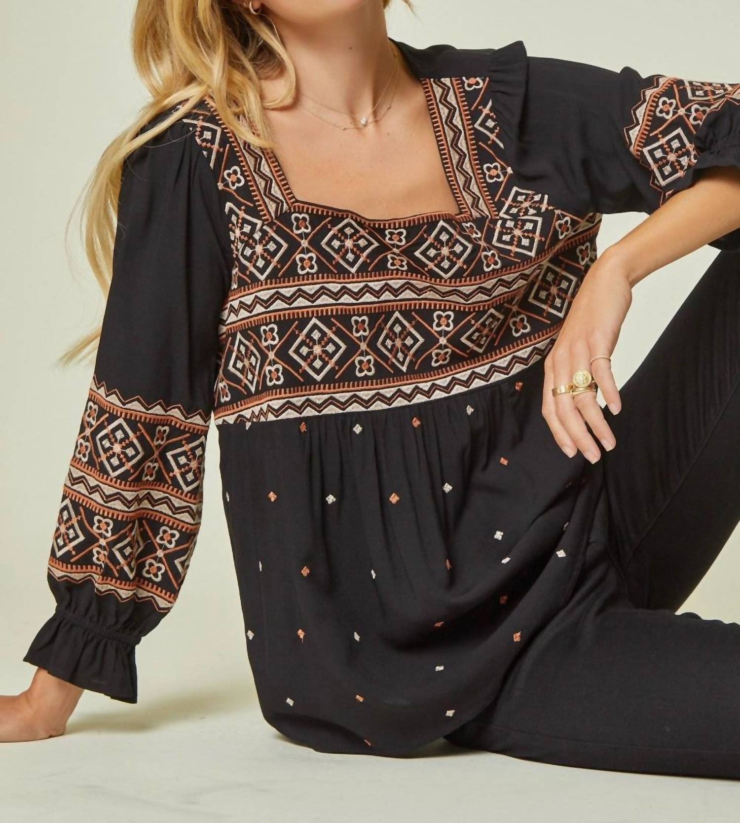 Andree By Unit - Aztec Embroidered Babydoll Top