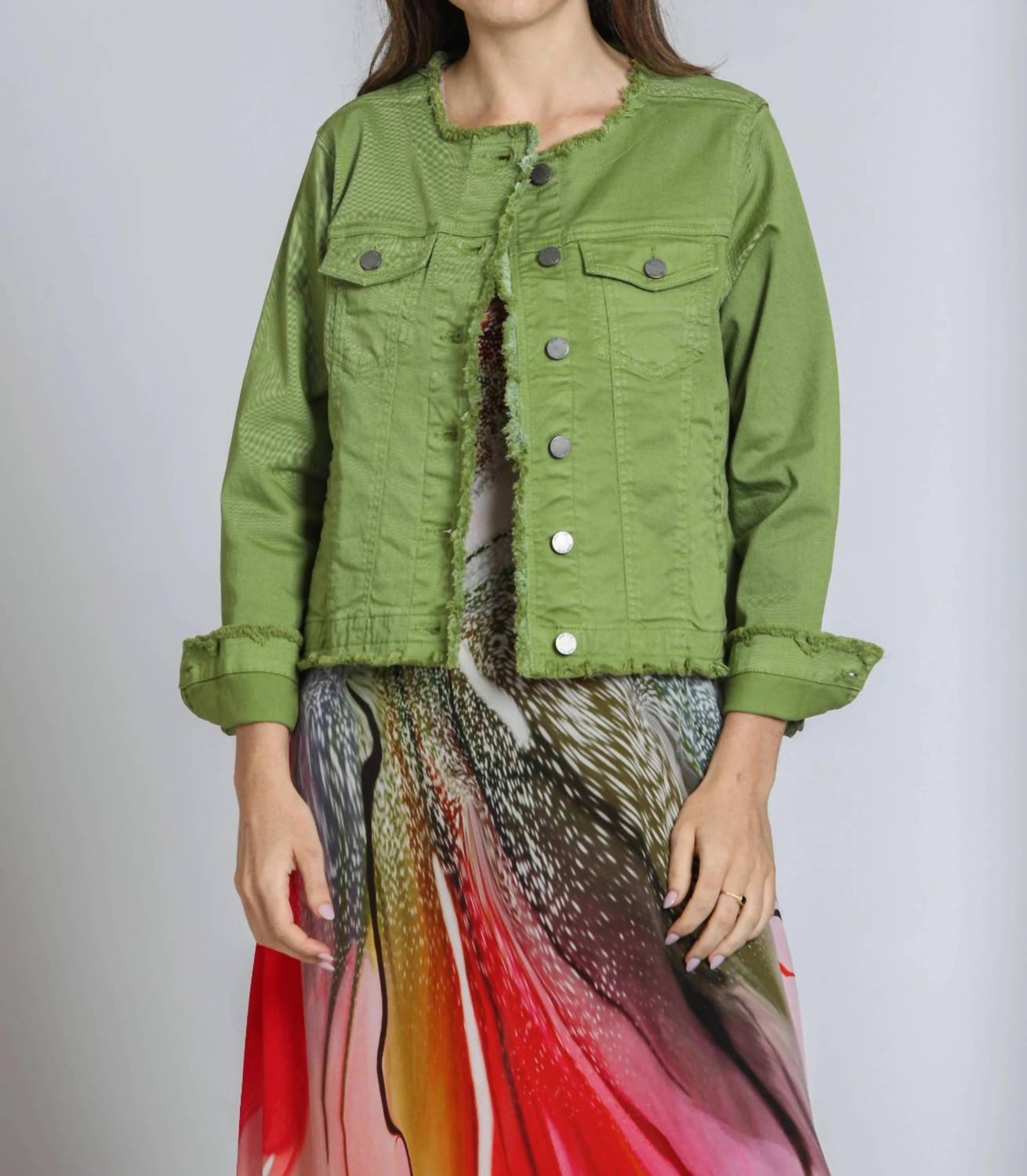 Apny - Collarless Jean Jacket With Frayed Detail