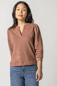 Lilla P - Shirred Long Sleeve Split Neck Top