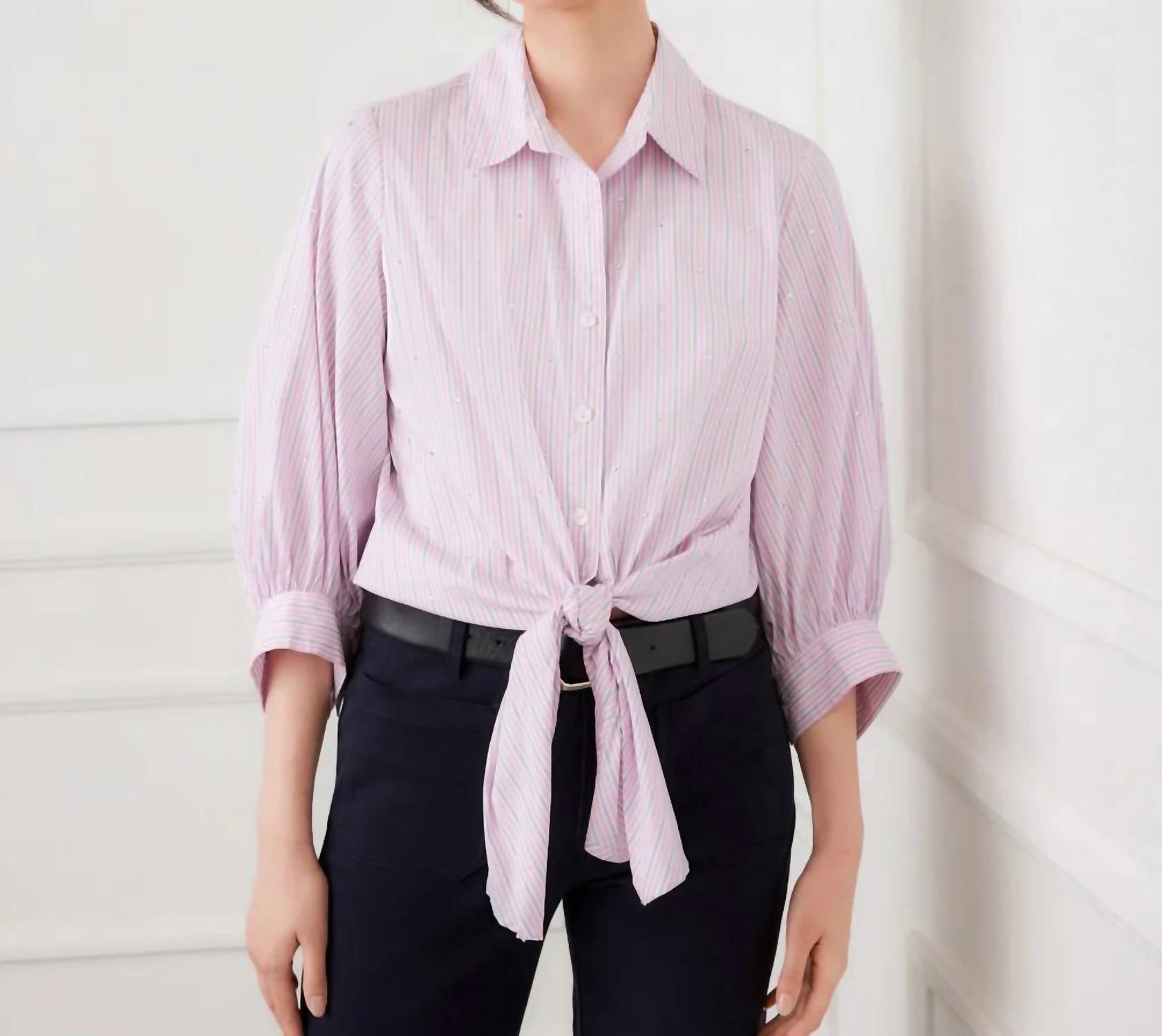 Karen Kane - Stripe Blouson Sleeve Embellished Tie-Front Top