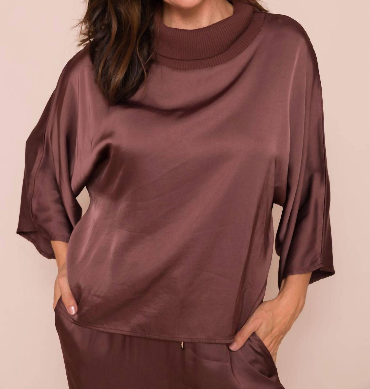 Galina Silky Batwing Top With Rib Cowl Neck Top