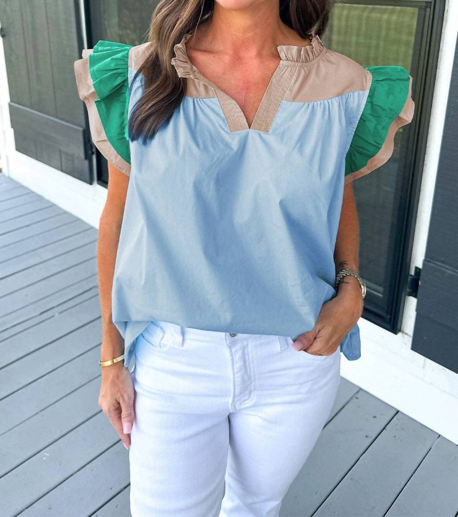 Lovesoft - Colorblock Ruffled Sleeve Frill V-neck Blouse
