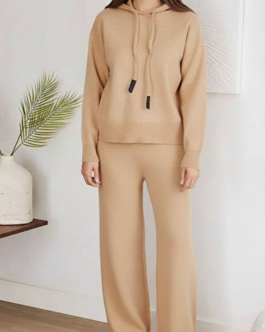Venti6 - Knit Hooded Sweater And Drawstring Wide Leg Pants
