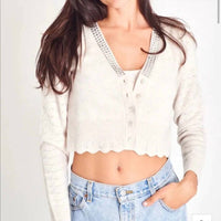 LoveShackFancy Brynner Crop Long Sleeve Cardigan in pebble - women's sweater