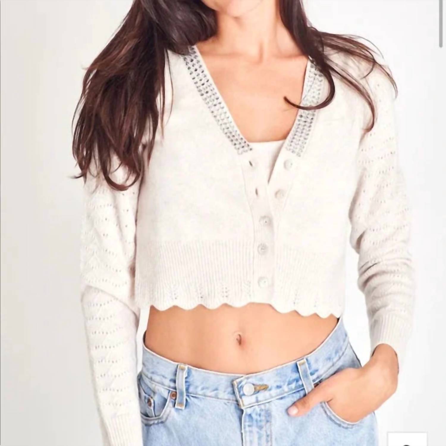 LoveShackFancy Brynner Crop Long Sleeve Cardigan in pebble - women's sweater