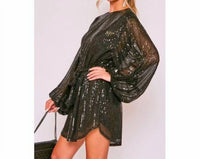 Vine & Love - Shimmer Balloon Sleeve Belted Mini Dress