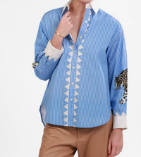 Las Sureñas Poplin Snow Leopard Shirt in light blue - women's long sleeve top