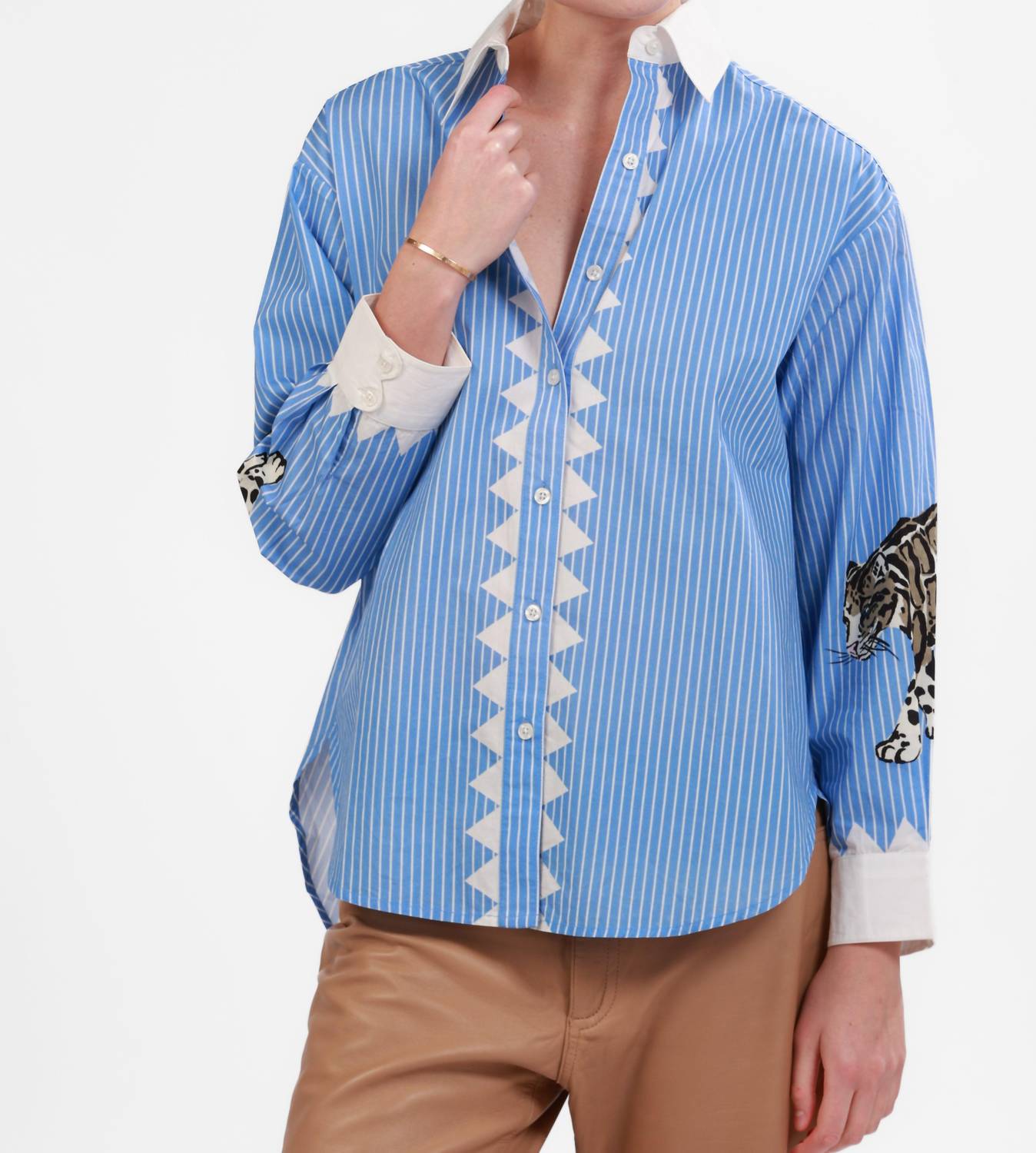 Las Sureñas Poplin Snow Leopard Shirt in light blue - women's long sleeve top
