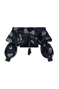 Andres Otalora Women's Zinu Cropped Blouse in navy dots abstract border print - women's blouse - alternate view