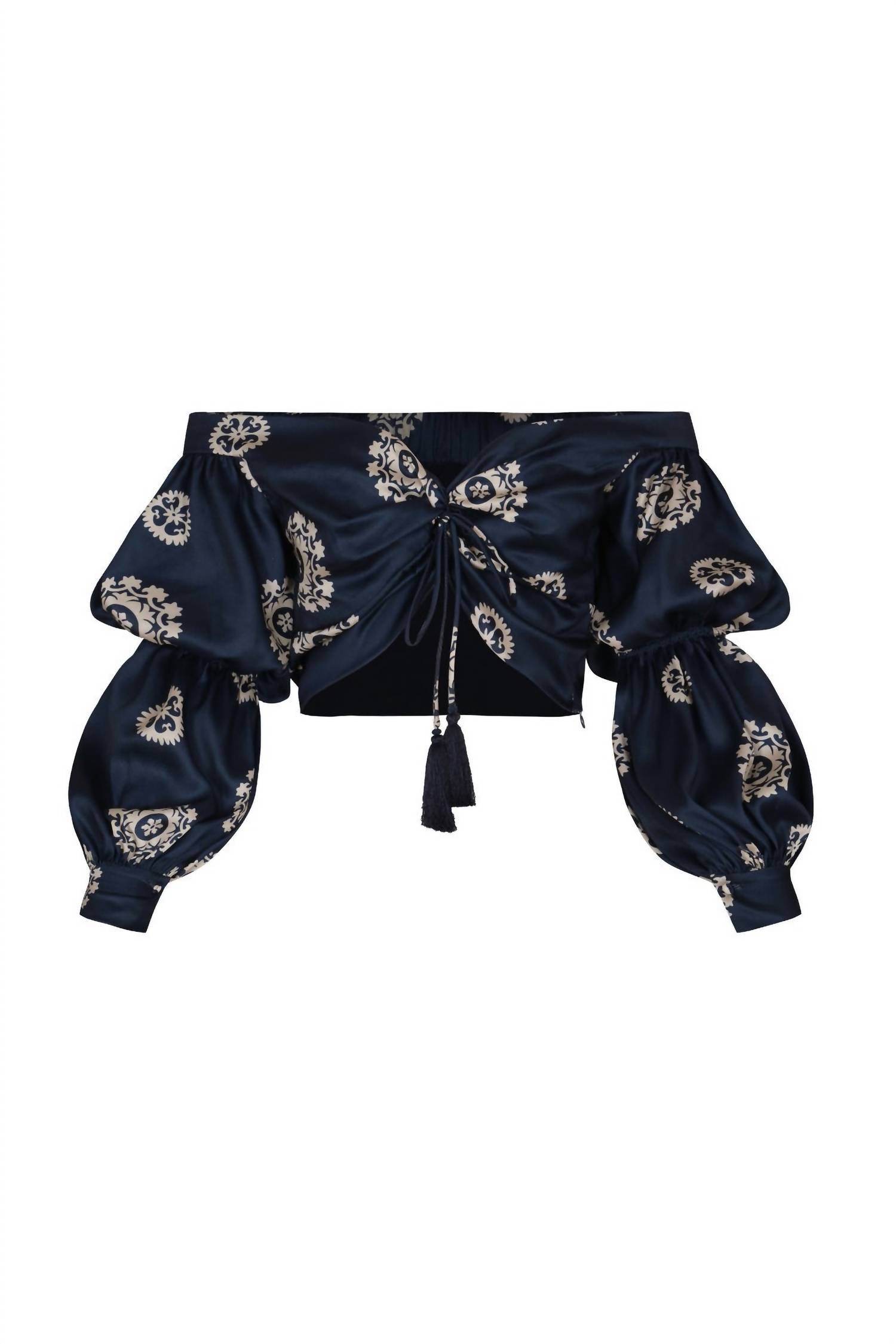 Andres Otalora Women's Zinu Cropped Blouse in navy dots abstract border print - women's blouse - alternate view