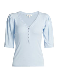 FRAME Rib Ruched Short Sleeve Henley Top in light chambray - women's blouse - view 7