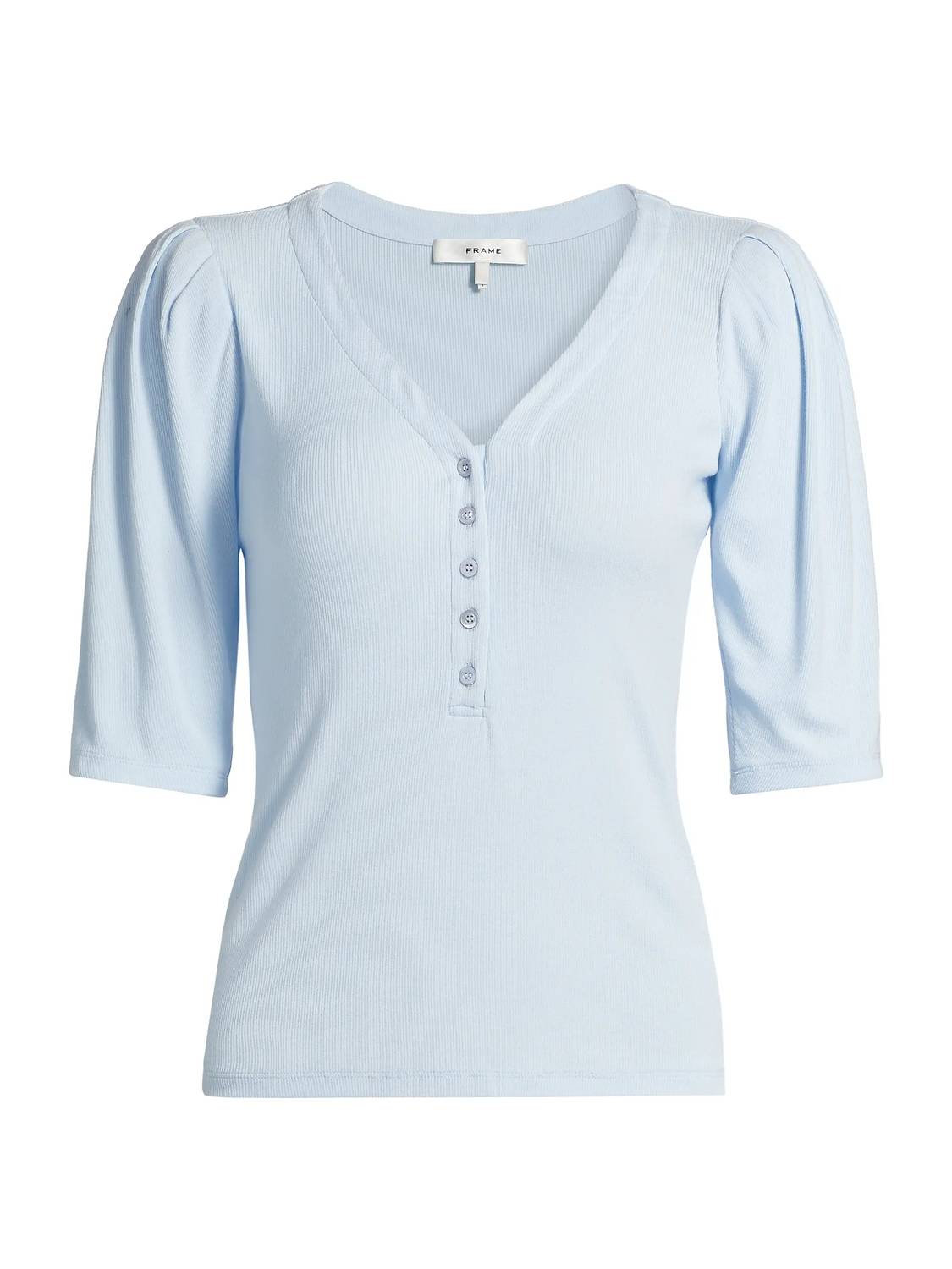 FRAME Rib Ruched Short Sleeve Henley Top in light chambray - women's blouse - view 7
