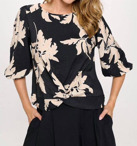 Reneec. - Floral Print Twist Front Three Quarter Sleeves Top