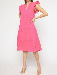 entro Ruffled Pocket Tiered Midi Dress in hot pink - women's dress - detail view