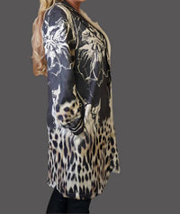 Look Mode Usa - Faux Suede Leopard And Flower Print Long Jacket