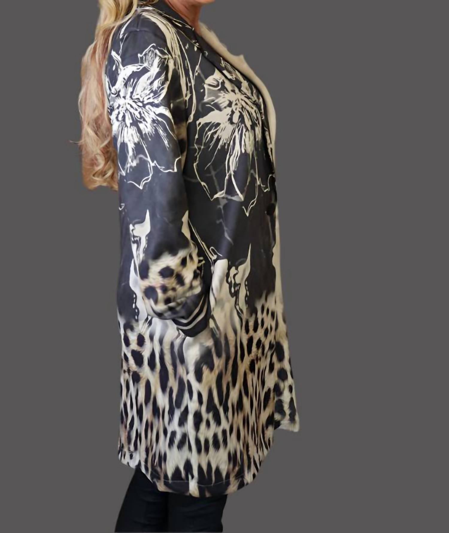 Look Mode Usa - Faux Suede Leopard And Flower Print Long Jacket