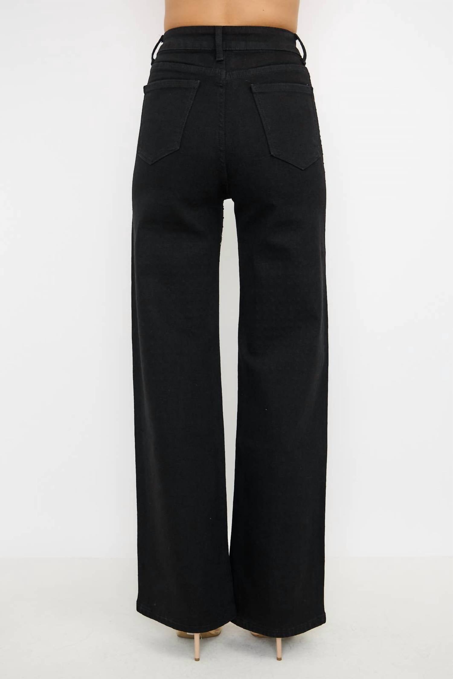 Kiwi - Rhinestone High Waisted Stretch Wide Leg Denim Pants