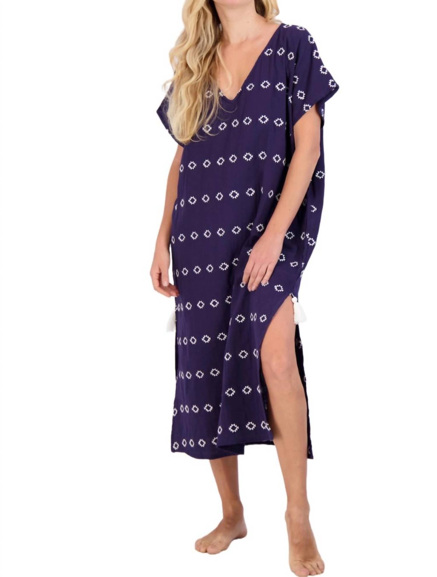 mer st. barth Capucine Maxi Caftan Dress in navy embroidery - women's dress