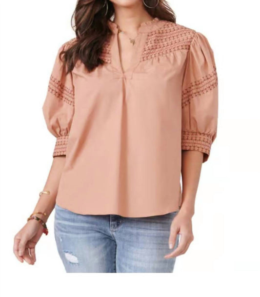 Democracy - Elbow Puff Sleeve With Cuff Band Embroidered Woven Top