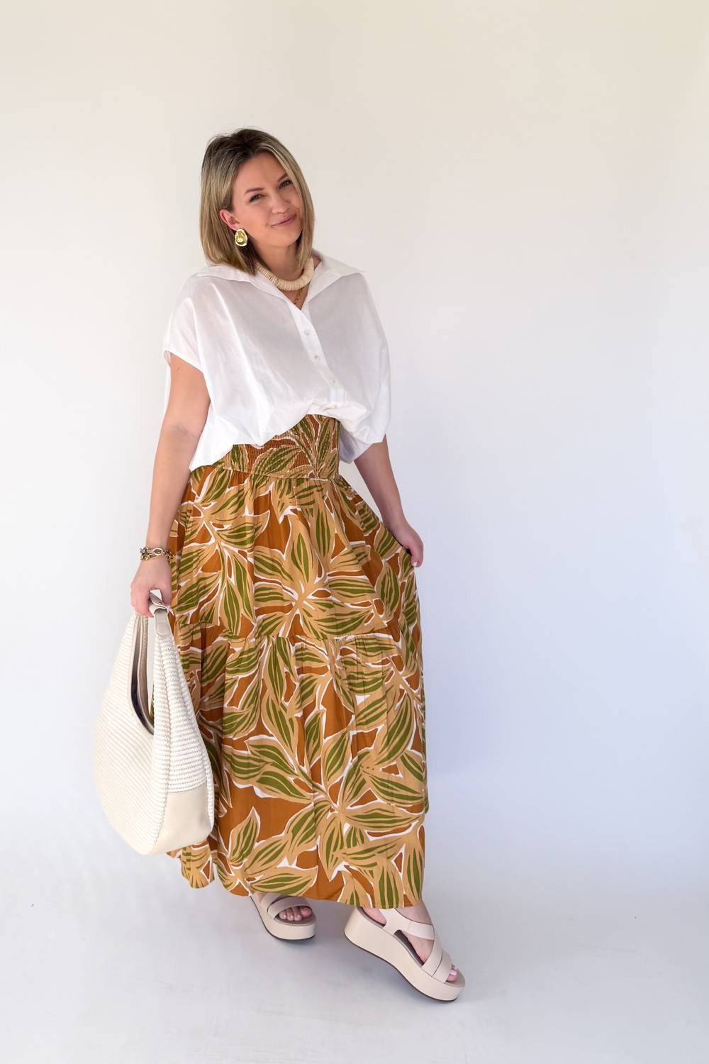 Karlie Smocked Tiered Skirt in desert palm - women's skirt - alternate view