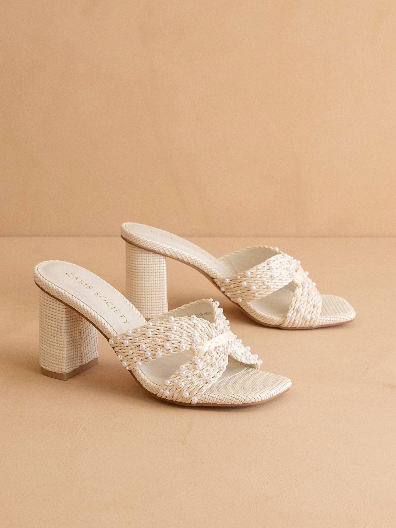Oasis Society - Women's Tiara Pearl Embroidered Raffia Block Heel