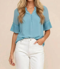 Naked Zebra - V-Neck Blouse with Pleated Sleeve Detail