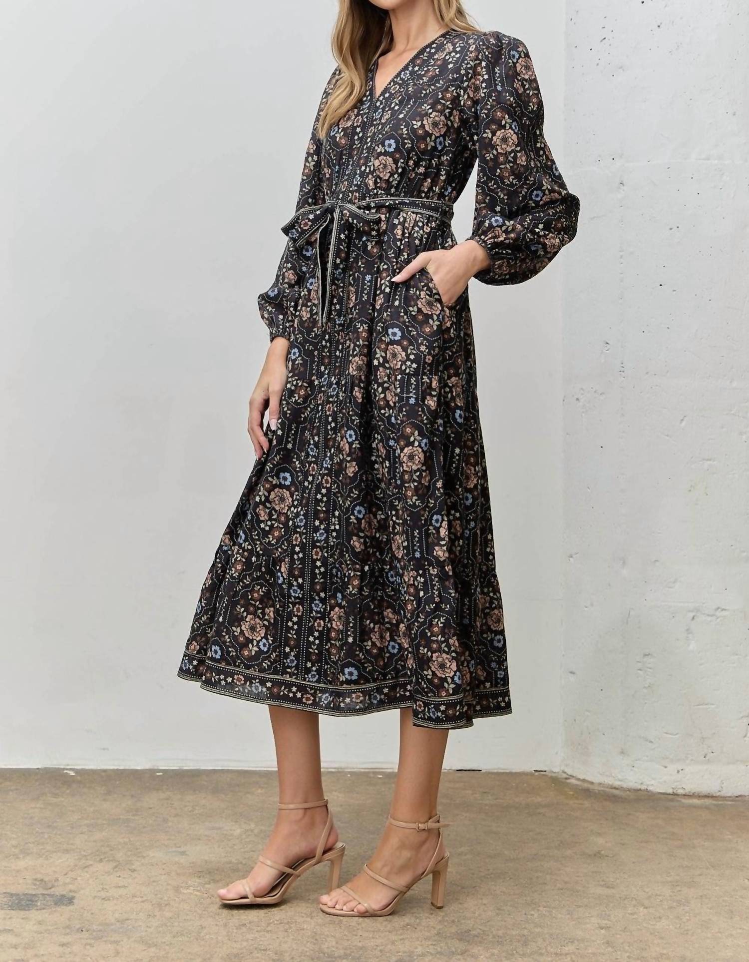 Polagram - Printed Floral V-neck Midi Dress - Plus