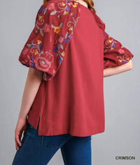 Umgee - Embroidery Balloon Sleeve Linen Blend Top