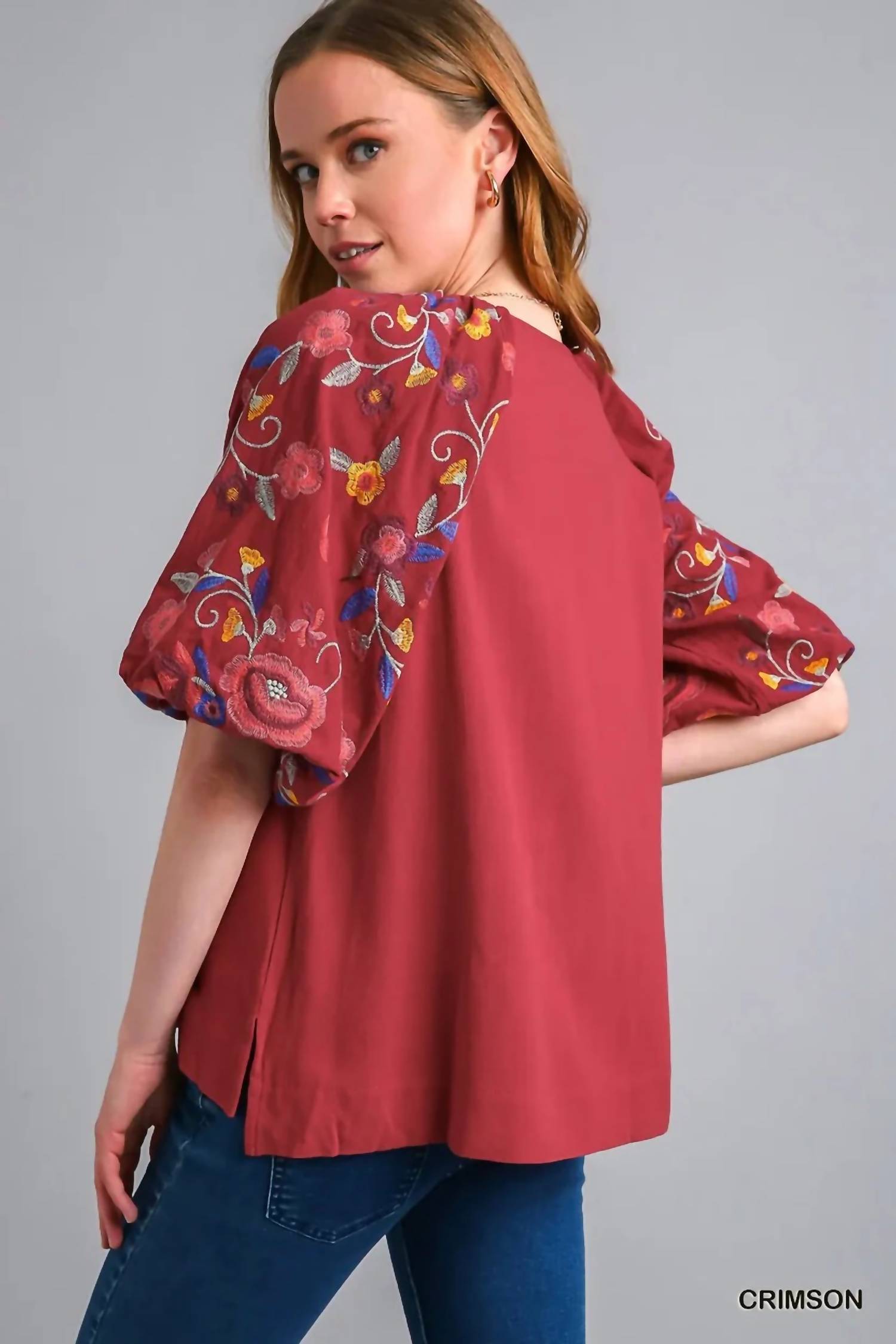 Umgee - Embroidery Balloon Sleeve Linen Blend Top